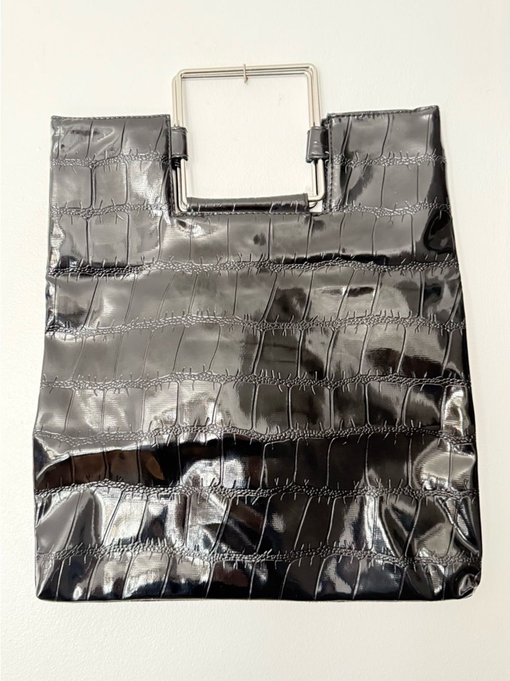Chateau Black Croc-Embossed Patent Tote with Square Metal Handle